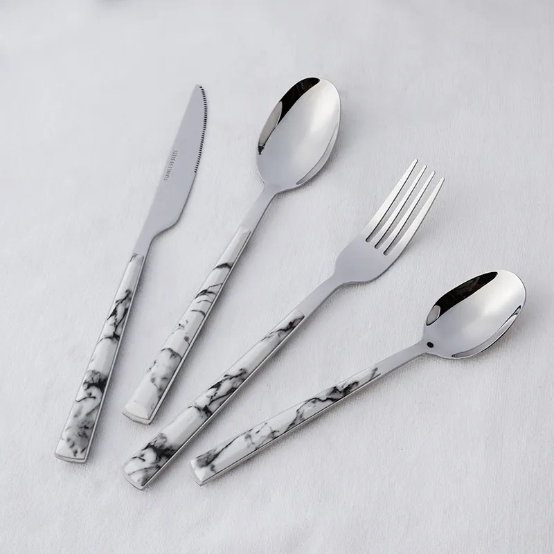 direct factory 5 star hotel marble plastic handle reusable stainless steel cutlery set 20 piece spoon fork knife flatware set
