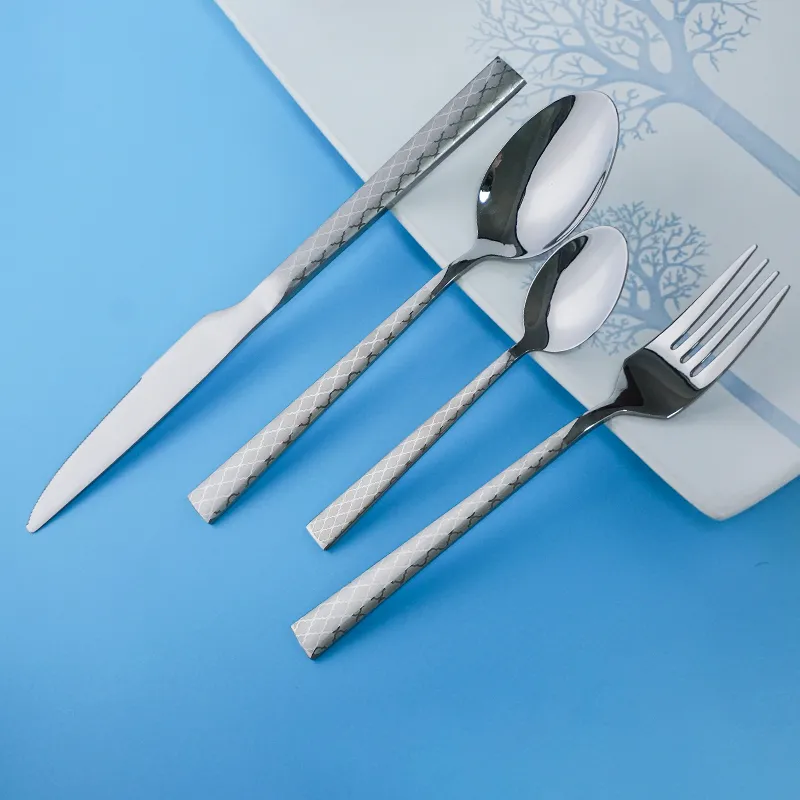 edelstahl löffel gabel messer set mit laser logo hochglanzpoliert haltbares besteck set