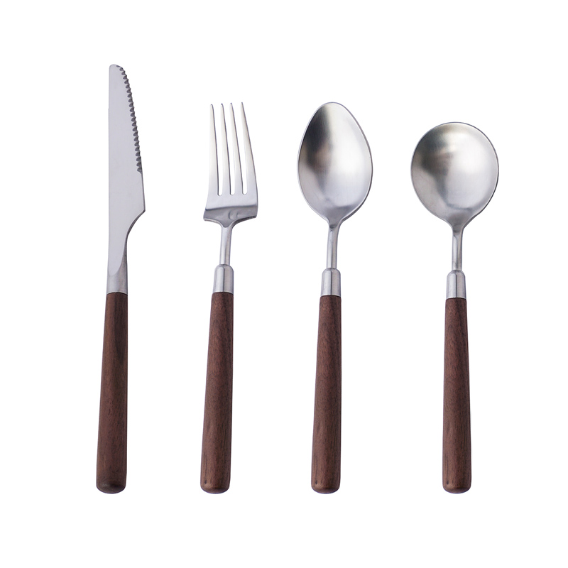 bulk household dining high grade flatware set modern retro wooden handle knifes forks and spoons for restaurant