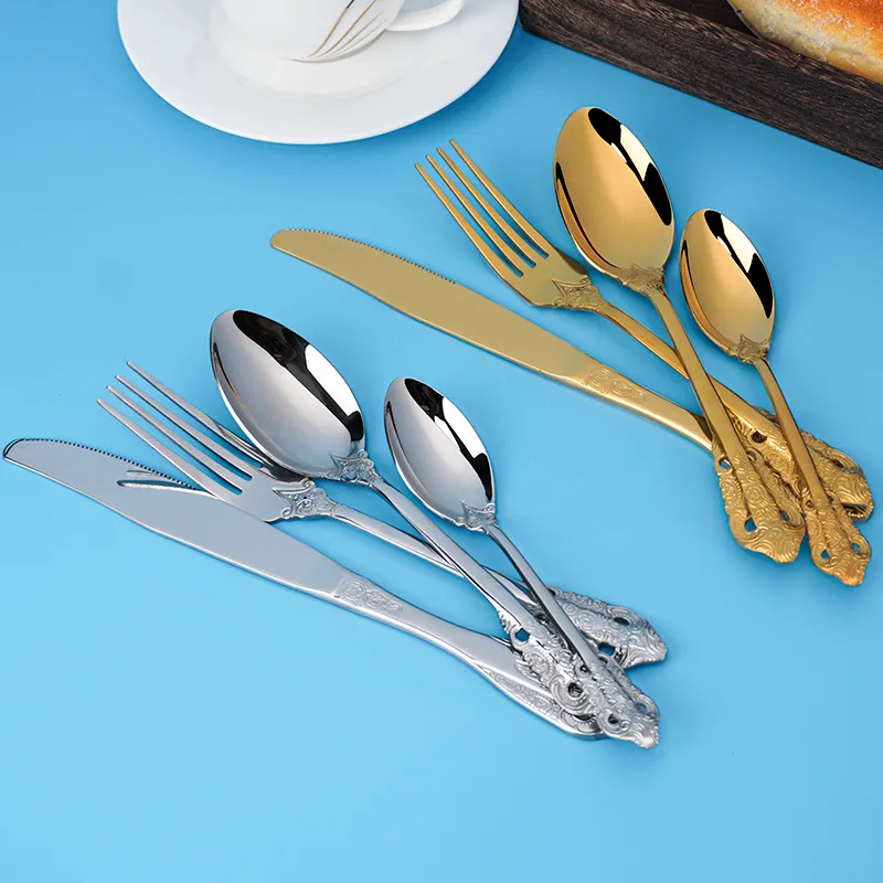 high quality luxury vintage gold and silver flatware royal stainless steel golden cutlery for banquet