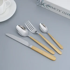 High Quality Plated Knife Fork Spoon Set Hotel Restaurant Silverware Hammered Cutlery Gold