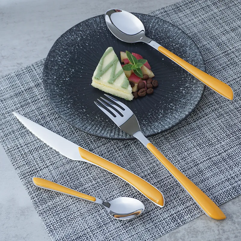 wholesale reusable custom logo cutipol plastic handle elegant cutlery set stainless steel 24pcs spoon fork knife