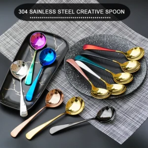 food grade colourful stainless steel creative korean spoon golden coffee cupping spoon round spoon