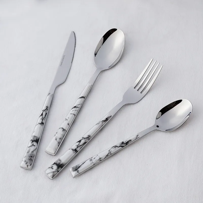 wholesale tableware marble plastic handle reusable stainless steel cutlery set spoon fork knife flatware set