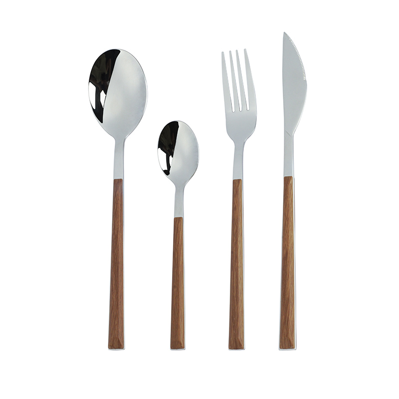 wholesale travel flatware set wood grain plastic handle silverware set stainless steel spoon knife fork