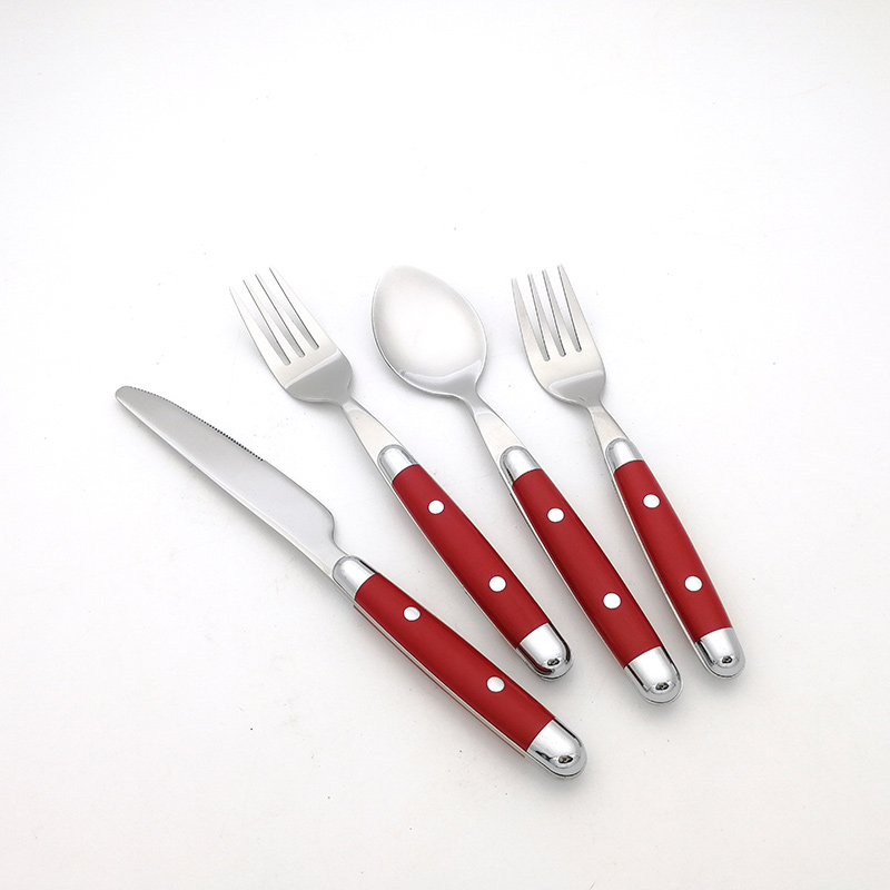 high quality wholesale restaurant silver cutlery sets stainless steel flatware red resin handle for western wedding dinner