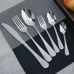 gravierte Edelstahl Gabel Messer Löffel Set für Bäckerei Bistro Hochzeit Luxus Besteck Design