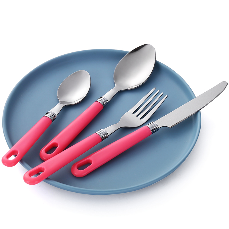 wholesale restaurant flatware 24pcs set silver dinner spoons forks and knife plastic handle besteck aus edelstahl (复制)