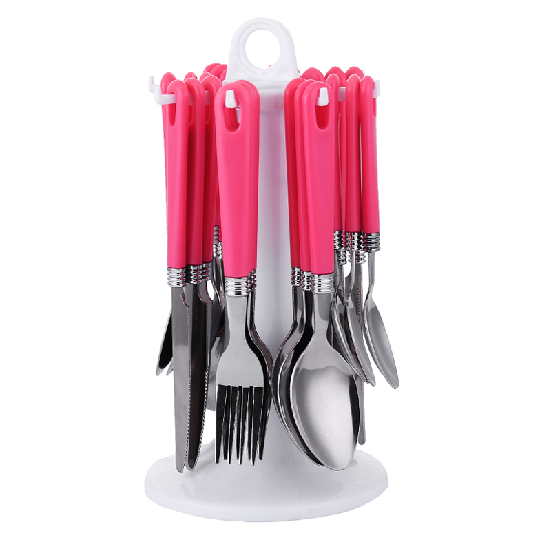 wholesale restaurant flatware 24pcs set silver dinner spoons forks and knife plastic handle besteck aus edelstahl (复制)